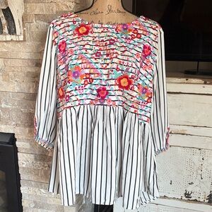 Savanna Jane boho floral embroidered black stripe peplum hem 3/4 sleeve blouse